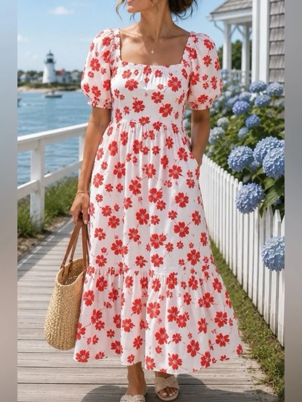 J. Crew Red and White Floral Dress Square Neckline Size 8